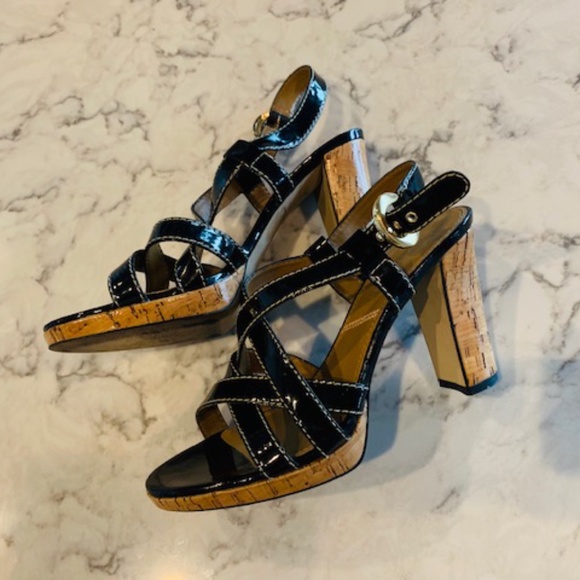 Tahari Shoes - Tahari  Patent Blk with Cork 4" Heel Sandals